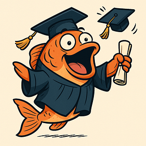 A big open mouthed happy fish wearing a cap and gown and holding a diploma.