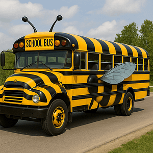 A black and yellow school bus painted like a bee.