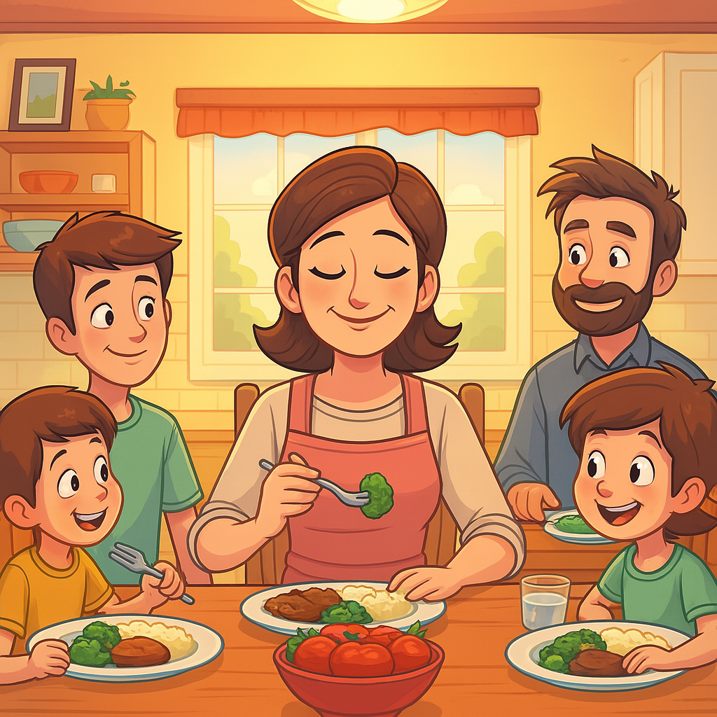 A lady with her family at peace eating dinner. She has a very peaceful look on her face and her family is happy.