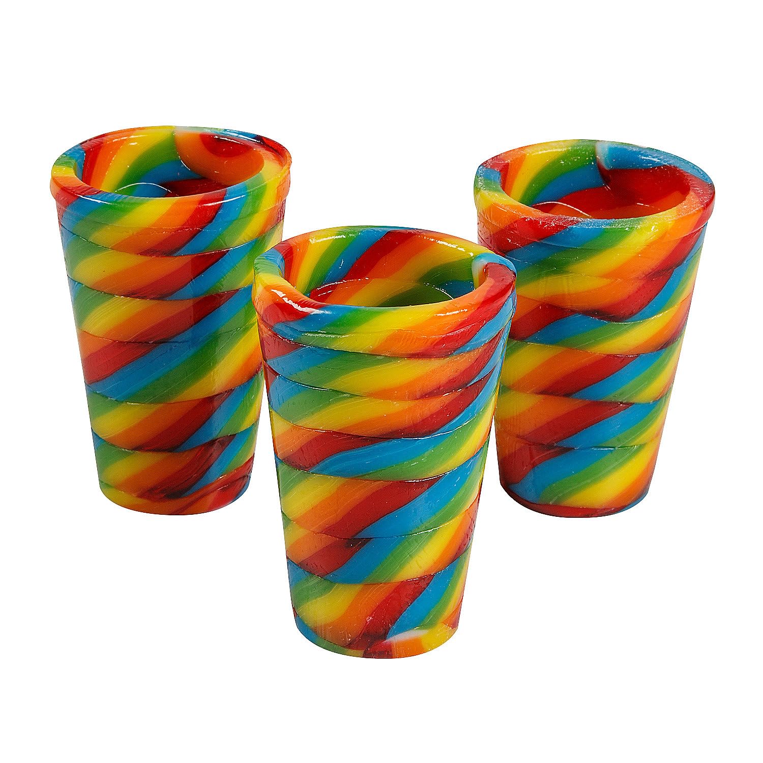 3 rainbow colored hard candy shot glasses