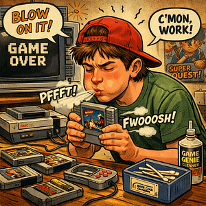 A kid blowing on a game cartridge.