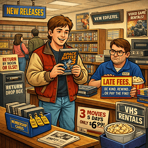 A funny scene from the inside of a movie rental store.