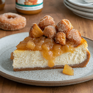 A slice of cider doughnut cheesecake with doughnut chunks and apples on top