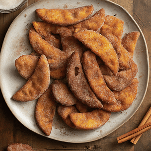 A plate of yummy golden brown cider doughnut chips.