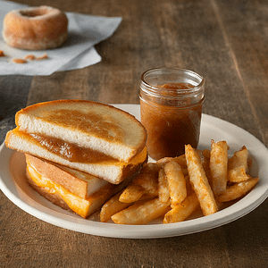 A plate with a grilled cheese sandwish in wich a slice of cider donut has been inserted. There is a nice glass of cider net to the sandwich as well. and some apple slices.