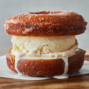 A cider donut cut in half with ice cream in the middle to form an ice cream sandwich.