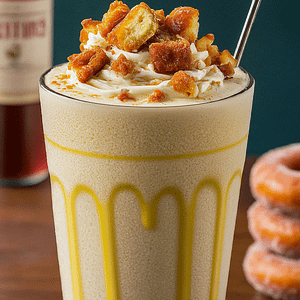 A glass with a cider doughnut milkshake in it. Chunks of doughnut on top and a straw in it.