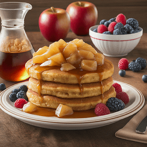 A ctack of 3 cider doughnut pancakes with apples and syrup on top and dripping down.