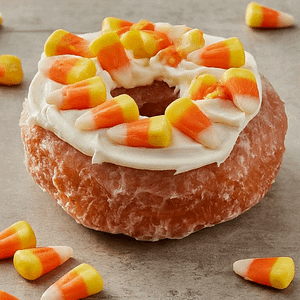A cider donut with white buttercream icing on top and candy worn sprinkled on top of all of it.