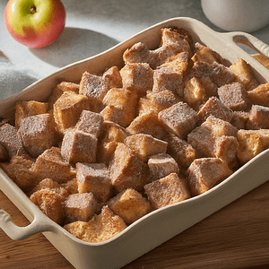 Frnch toast casserole in a pretty rectangle dish