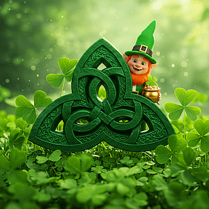 A Celtic Knot with a Leprechaun holding it and some Shamrocks around it.