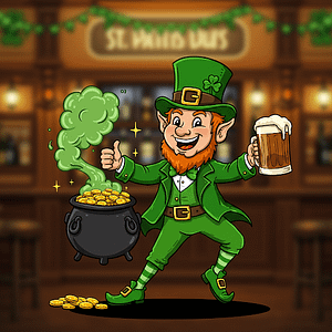 A dancing Leprechaun holding a beer next to a pot of gold.
