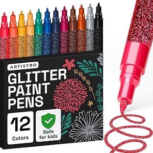 ARTISTRO 12 Glitter Paint Pens Sparkly and Shiny for Glass, Rock Painting, Ceramic, Wood, Fabric, Scrapbooking, DIY Craft Making, Coloring - Acrylic Paint Markers Extra-Fine Tip 0.7mm