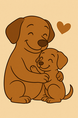 A daddy dog hugging his daughter pup. There is a big heart up between them in the air signifying love!
