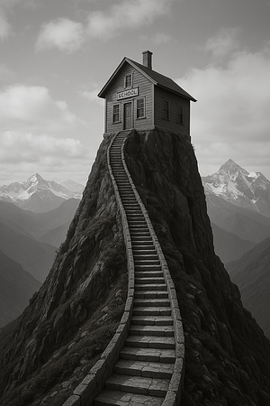 An old fashioned school way atop a set of stairs on a mountain.