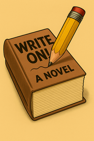A big book. A pencil is writing on it. It reads, "Write On! A Novel"