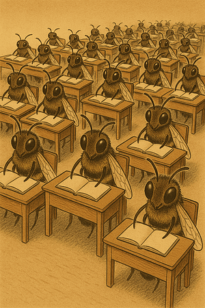 Row after row of bees in litle school desks. Now, that's a lot of busy bees!