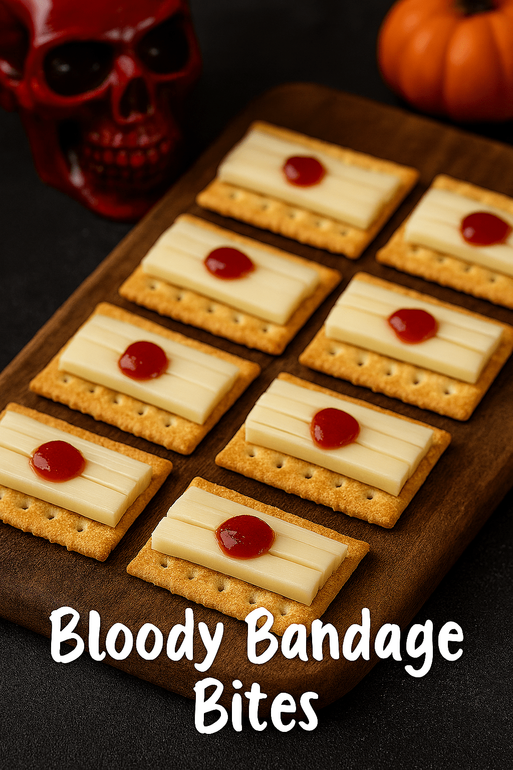 "Bloody Bandages" made from crackers, string cheese and ketchup