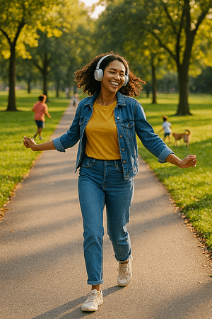 A young woman dances joyfully down a sunlit paved path in a park, wearing headphones and smiling with her eyes closed. She’s dressed casually in jeans, a yellow shirt, and a denim jacket. In the background, children play and a dog trots nearby, all bathed in warm afternoon light. The scene feels relaxed, happy, and inviting.