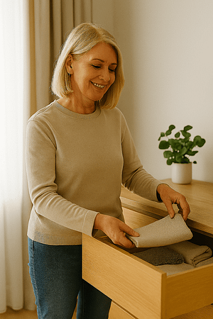 An older blonde woman smiles gently as she organizes a wooden drawer in a softly lit room. She wears a beige sweater and jeans, and holds a folded towel while standing beside a dresser. The scene feels calm and cozy, suggesting a small, mindful act of decluttering.