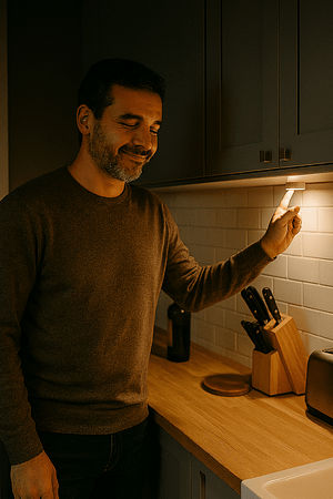 A middle-aged man with short dark hair and a soft smile turns off a warm under-cabinet light in a quiet kitchen. He wears a cozy brown sweater and stands near a countertop with a knife block, cutting board, and toaster. The scene feels peaceful and relaxed, suggesting the end of the evening and a gentle wind-down before bed.