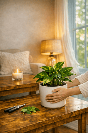 A beautiful potted plant being set on a coffee table. There are tools next to it. It must have needed some pruning.