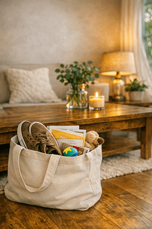 A canvas tote with everyday clutter—shoes, mail, and a toy—sits in a tidy, cozy living room.