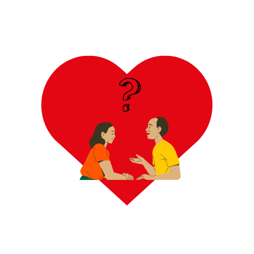 Red Heart with a question mark middle top. A couple are underneath talking.