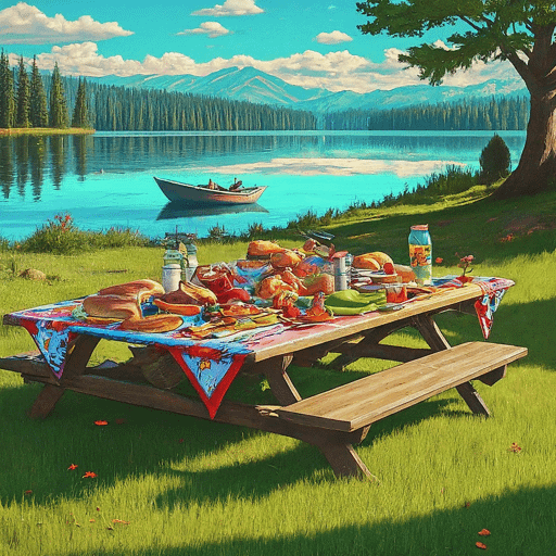 Cartoon image of a lake, tree, picnic table with checked cloth and tons of food