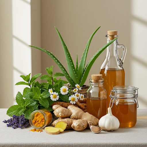 A still life image showcasing an array of natural home remedies arranged on a minimalist, off-white background. The main focus is on a piece of ginger root, showcasing its intricate texture and warm, amber tones. Accompanying it are a bunch of vibrant peppermint leaves, a healthy and lively aloe vera plant, chamomile flowers, and lavender sprigs, adding a touch of serenity to the composition. A jar of honey, a bottle of apple cider vinegar, and jars filled with turmeric powder and garlic complement the scene. The setting is bathed in soft natural light, enhancing the details of each item. The overall color palette is warm and inviting, with a shallow depth of field that subtly draws the viewer's eye to the ginger root while maintaining visual balance within the image. The composition exudes a sense of calm and purity, highlighting the healing properties of nature and the restorative powers of these everyday home remedies.