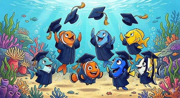 A "school" of fish wearing graduation gown throwing their caps in the air.