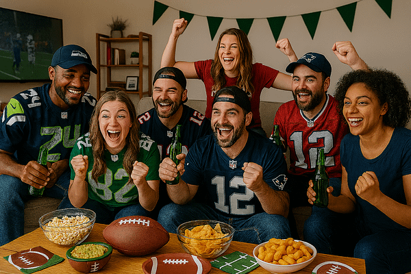A group of very happy people watching the big game and eating. There are bowls and plates of food, football-themed plates and decorations.