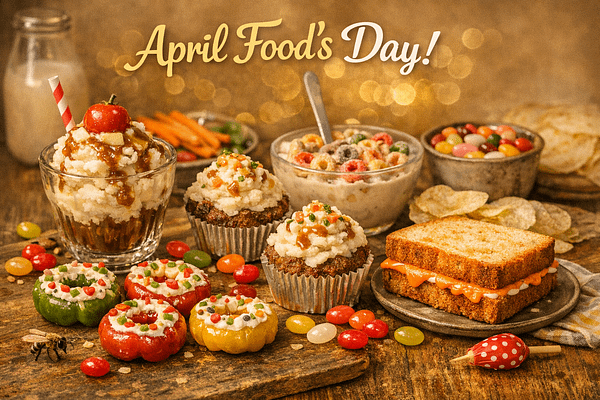 A collection of April Fool's Day foods.
