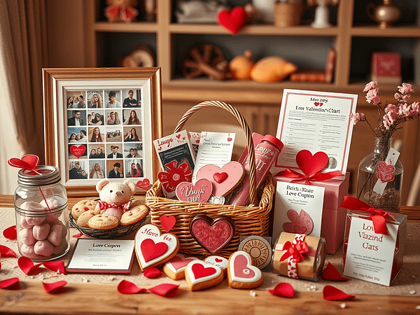 A picture of heart shaped cookie, a framed collage, gift basket of bath goodies, cards.
