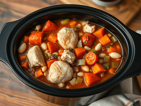 Slow cooker full of tadty looking chicken stew.