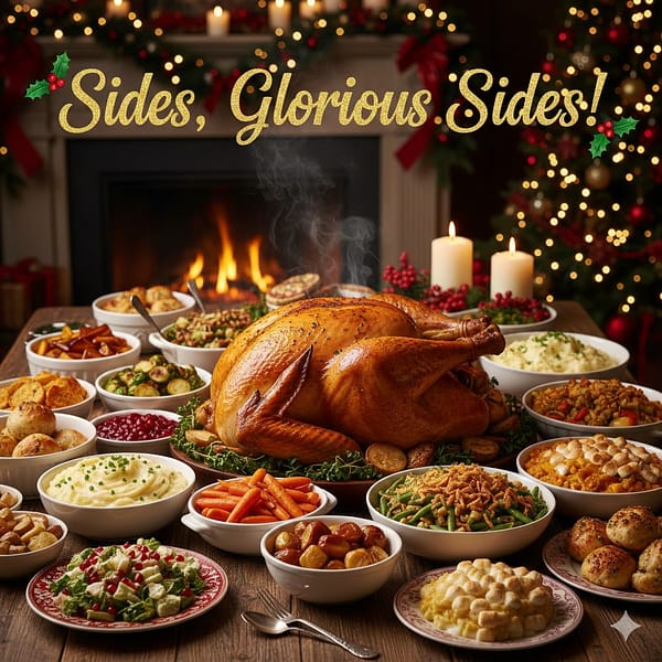 A beautiful Christmas table full od side dishes. The words, "Sides, Glorious Sides" overlayed on top.