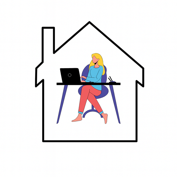 An outline of a house with a cartoonish blonde girl at a desk with a laptop.