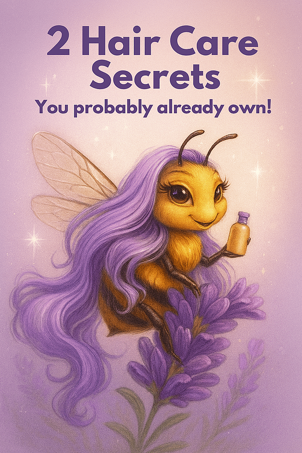 A bee with gorgeous eyes and lavender hair sitting on a flower and holding a bottle