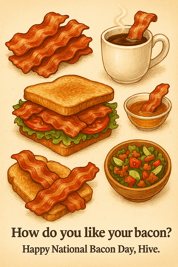 cozy collage-style illustration featuring bacon in various forms: crispy strips stacked at the top left, a strip dipped into a steaming mug of coffee, a BLT sandwich layered with bacon, lettuce, and tomato, bacon-topped toast, a dish of maple syrup with bacon partially submerged, and a rustic wooden bowl of salad with crumbled bacon. The background is warm beige with a vintage texture, and the overall style is painterly and inviting.