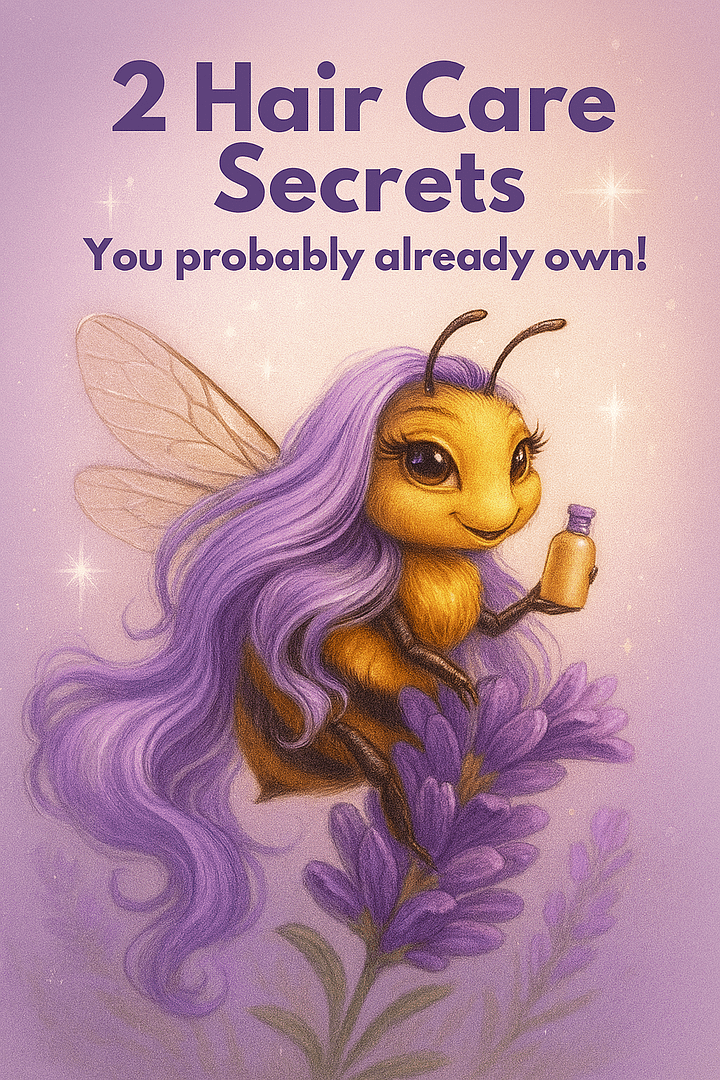 A bee with gorgeous eyes and lavender hair sitting on a flower and holding a bottle