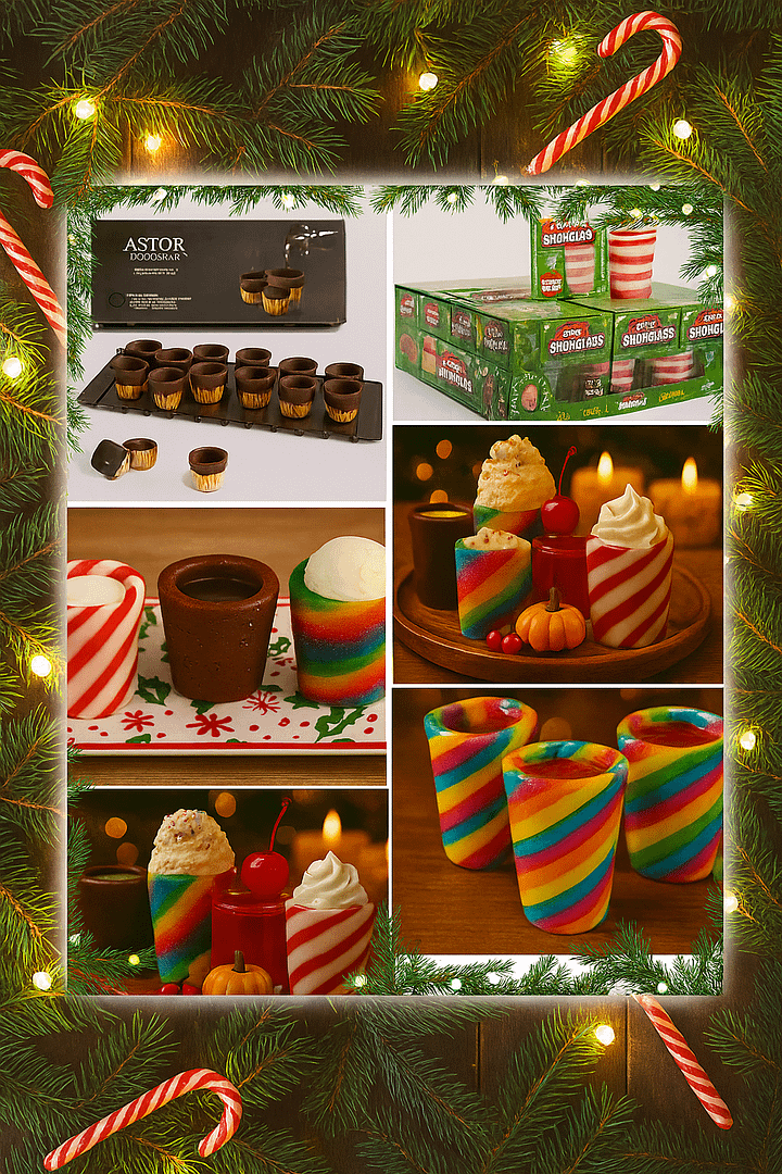 A collage of edible shot glasses and all the things that can be done with them. There is a beautiful garland with lights and candy canes around the image.